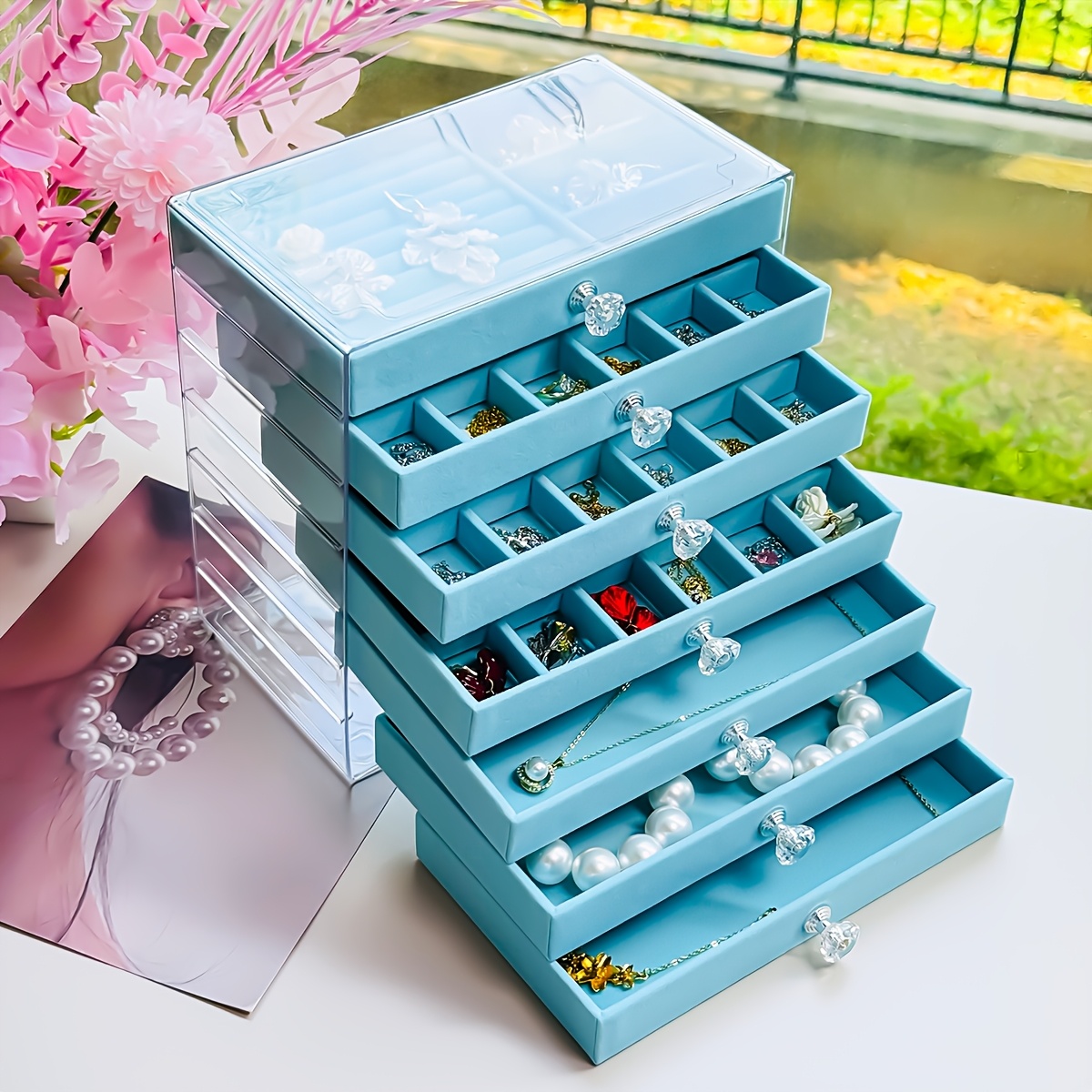 Blue Acrylic Jewelry Storage Box, Multi-Layer Organizer